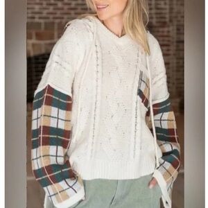 POL Hooded Cable Knit Sweater | Plaid Wide Sleeves Women’s Size Small